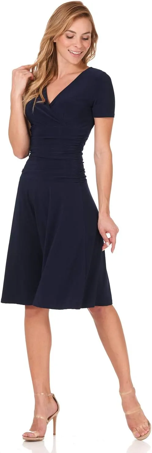 Rekucci Women's Slimming Short Sleeve Fit-N-Flare Crossover Tummy Control Dress