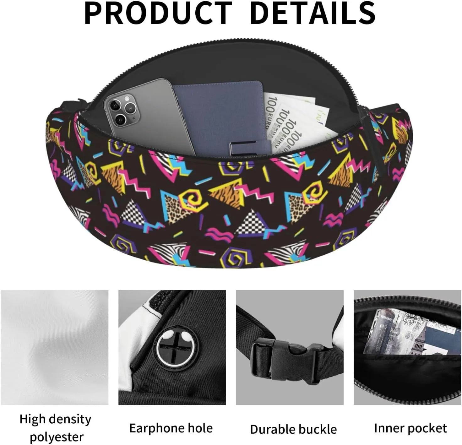 retro abstract 80s 90s colorful geometric shapes animal print Fashion casual fanny pack waist bag men women adjustable belt waist bag for travel hiking cycling running festival carnival