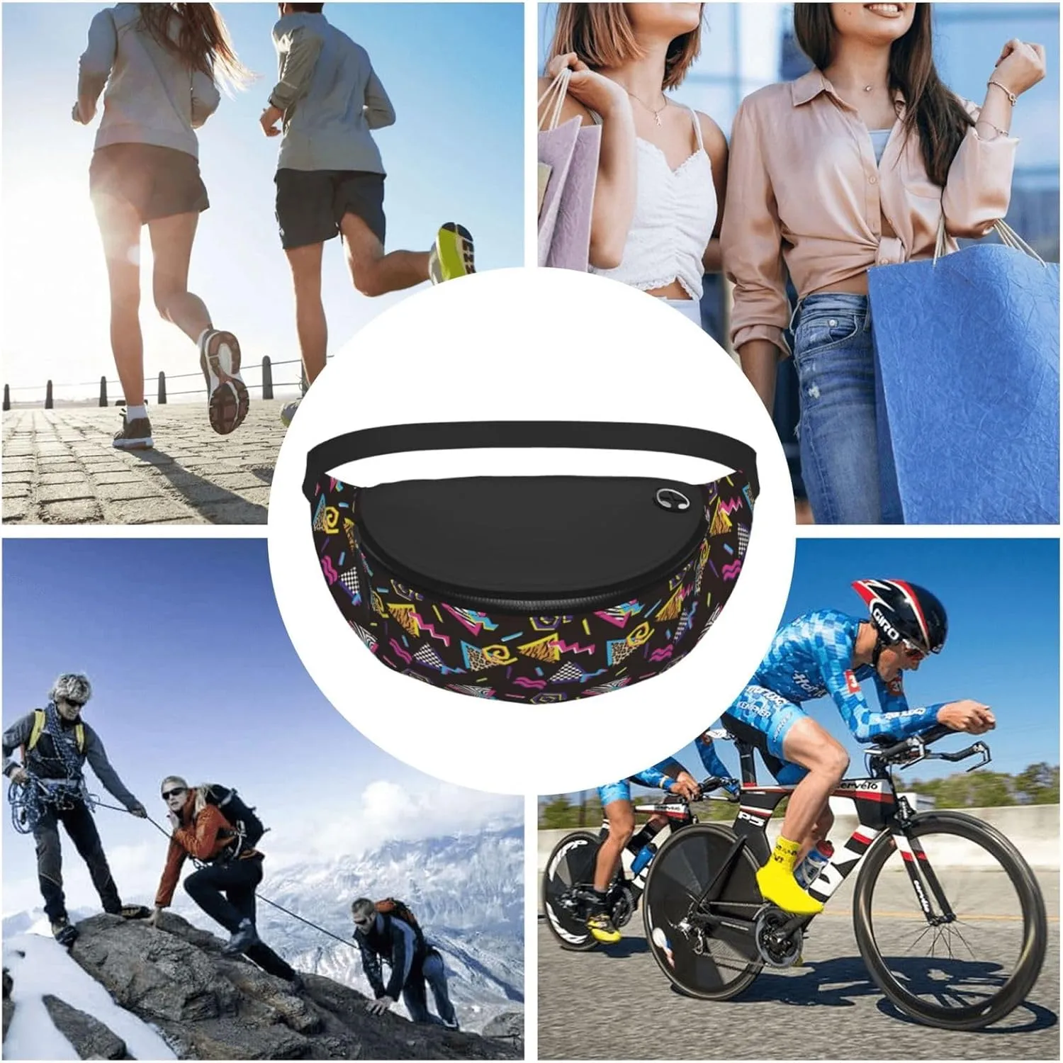 retro abstract 80s 90s colorful geometric shapes animal print Fashion casual fanny pack waist bag men women adjustable belt waist bag for travel hiking cycling running festival carnival
