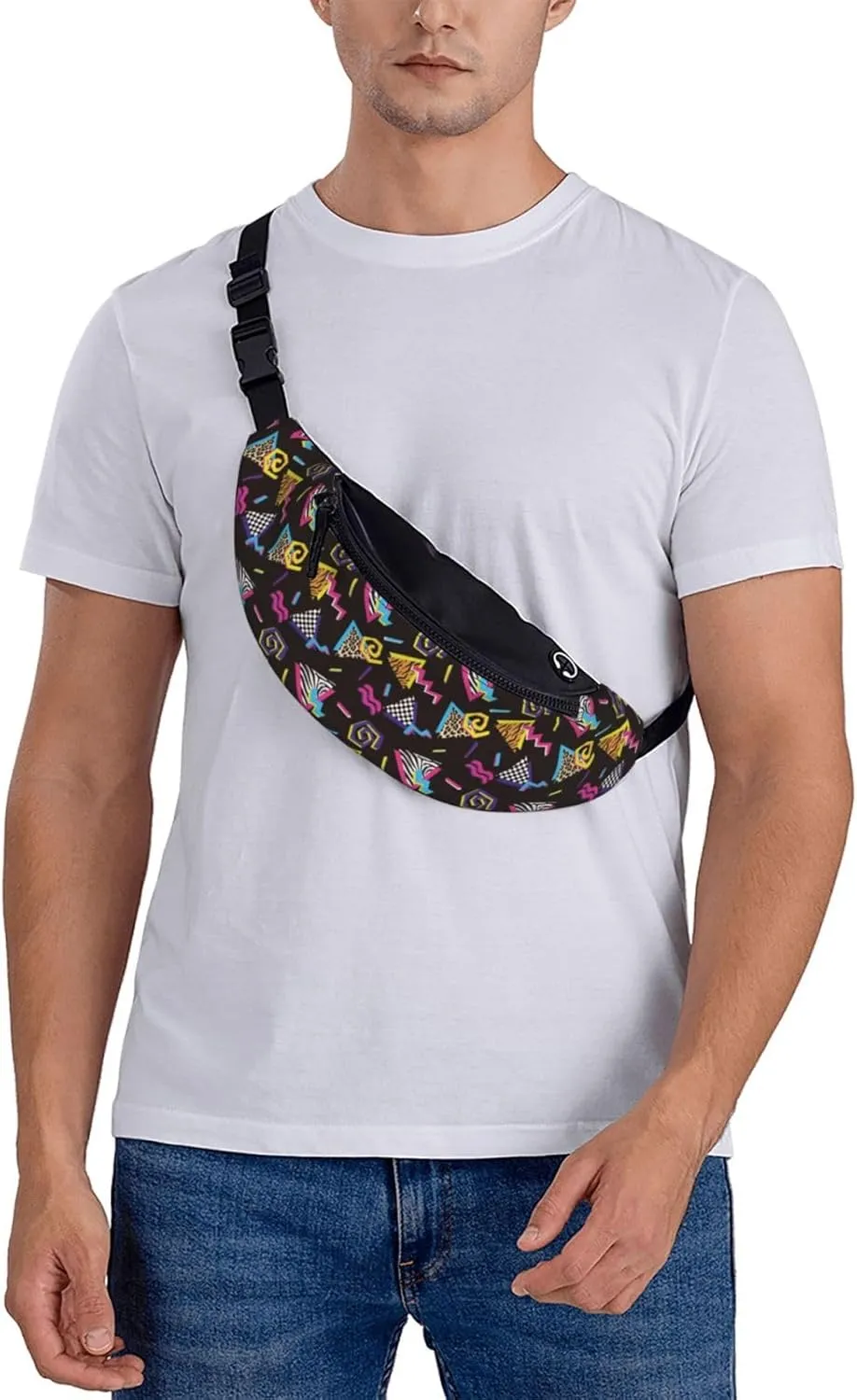 retro abstract 80s 90s colorful geometric shapes animal print Fashion casual fanny pack waist bag men women adjustable belt waist bag for travel hiking cycling running festival carnival