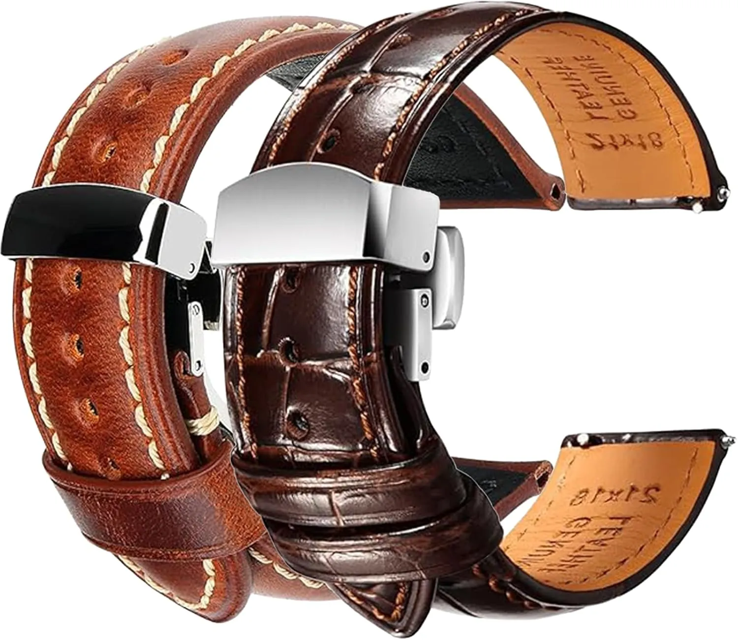 REZERO Watch Bands, Vintage Leather & Alligator Grain Watch Straps with Deployment Clasp for Men - Light Brown Set of 2 – 21mm