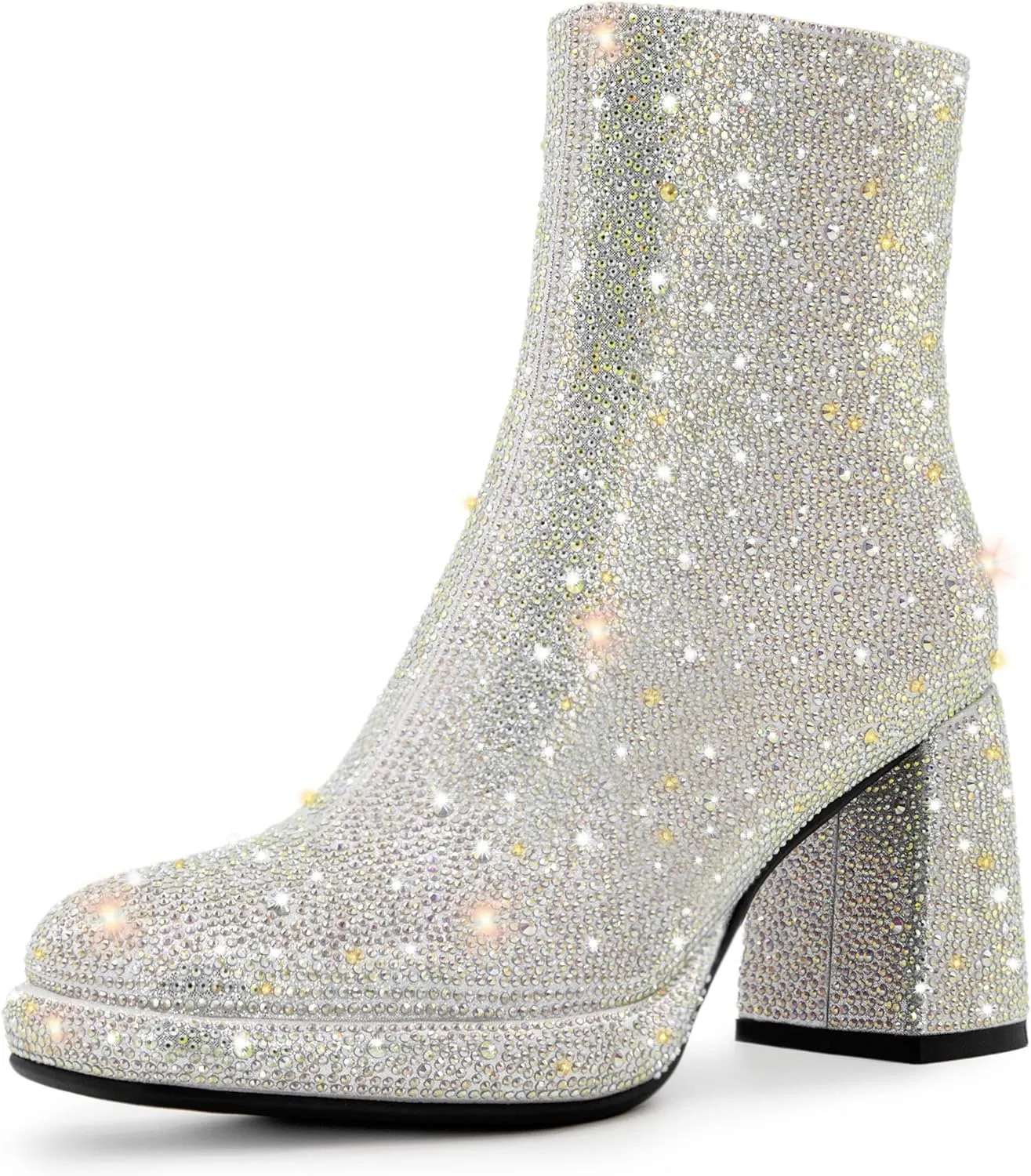 Rhinestone Boots For Women Chunky Block Heeled Sparkly Platform Ankle Booties Glitter Shoes Wedding Bride Size 6
