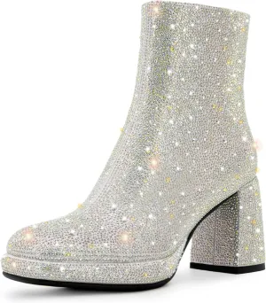 Rhinestone Boots For Women Chunky Block Heeled Sparkly Platform Ankle Booties Glitter Shoes Wedding Bride Size 6