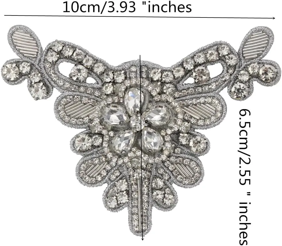 Rhinestones Patches Beaded Triangle Crystal Applique Handmade Patches Sew on Decorated Shoes Badges 2pieces (Silver)