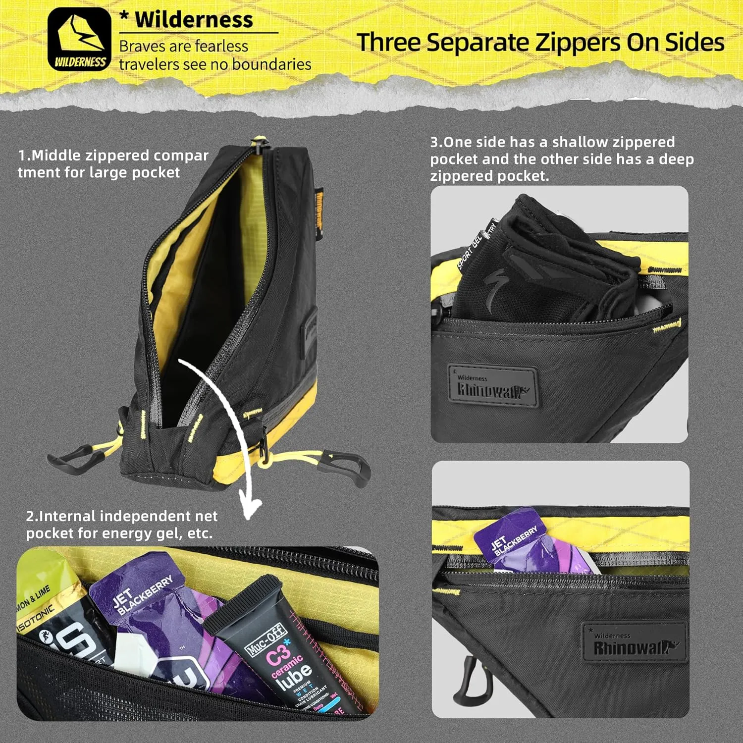 Rhinowalk Bike Frame Triangle Bag, Waterproof Compact Storage Bag with YKK Zippers, Multi-Pocket Design, Doesn’t Rub Legs – 0.9L, Black