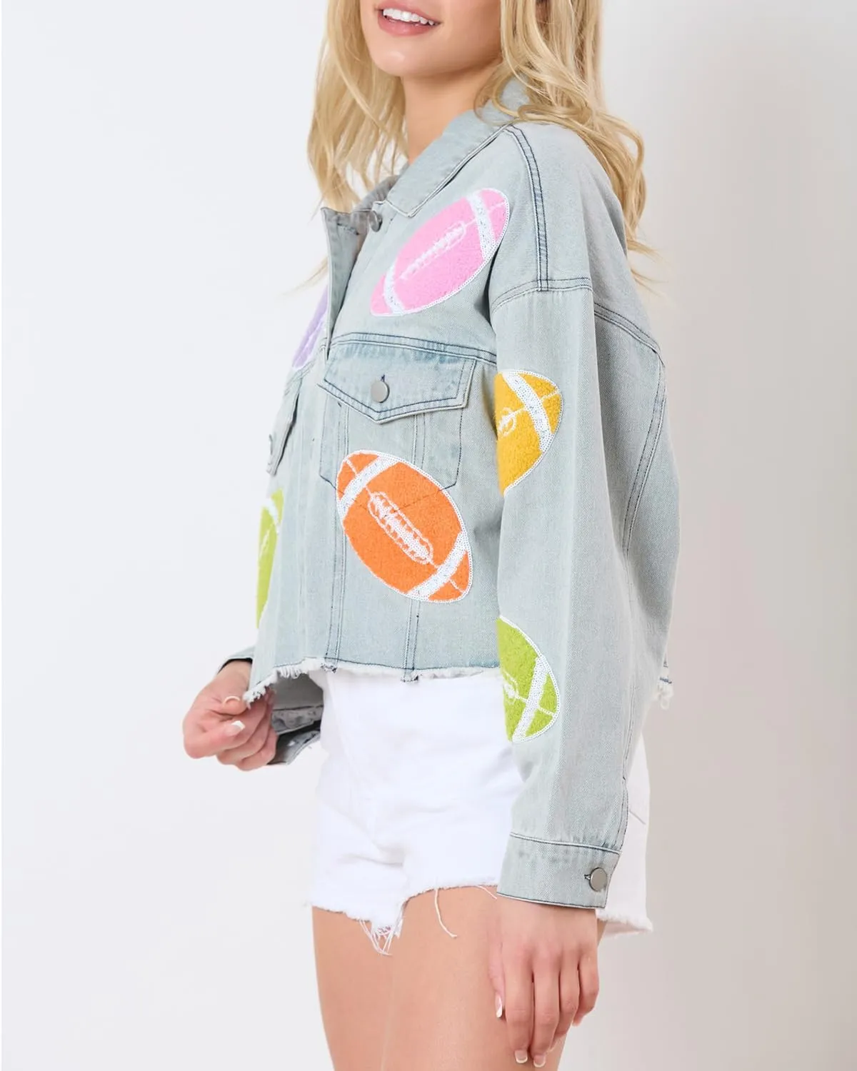 RINTONIX Women Y2K Long Sleeve Button Down 3D Flower Patchwork Crop Raw Hem Denim Jacket Washed Distressed Jean Jacket