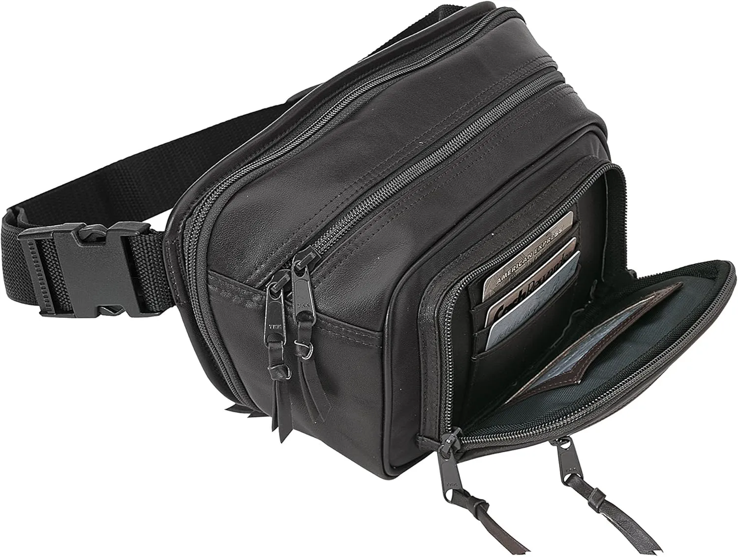 Roma Leathers Gun Concealment Fanny Pack with Extra Pocket - Cowhide Leather, Nylon Belt Strap with Snap Buckle - Black - Small