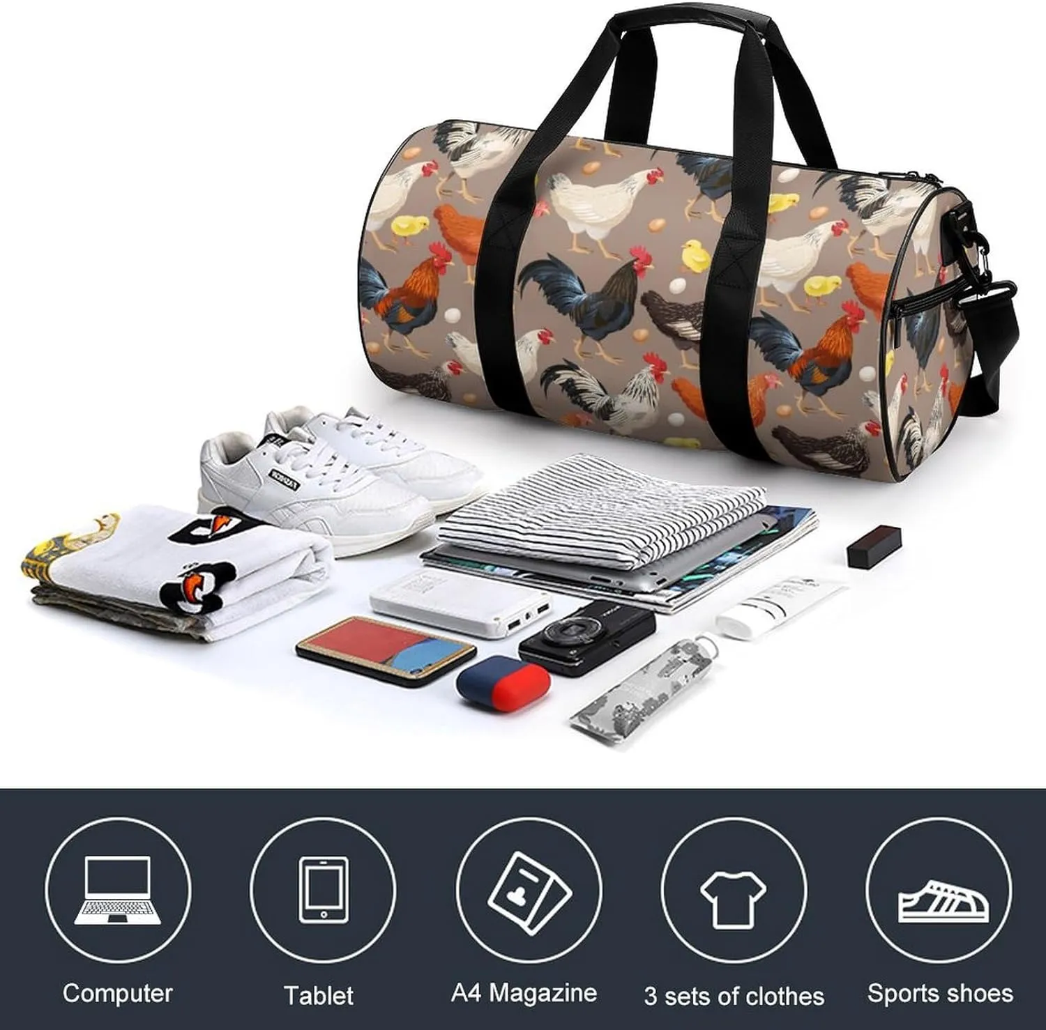 Roosters Duffelbag Outdoor Tote Bag Cylindrical Duffelbags Picnic Bags Easy Carry Satchels Durable Handbag Overnighter Duffles 17.7in/9in/9in