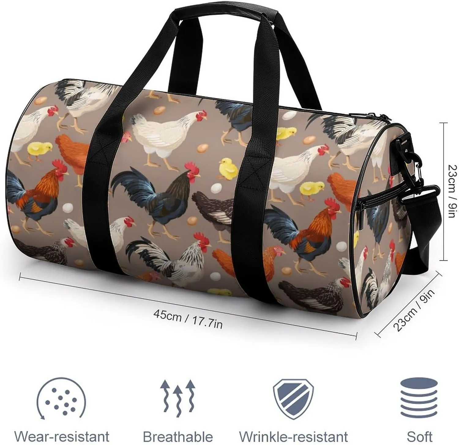 Roosters Duffelbag Outdoor Tote Bag Cylindrical Duffelbags Picnic Bags Easy Carry Satchels Durable Handbag Overnighter Duffles 17.7in/9in/9in