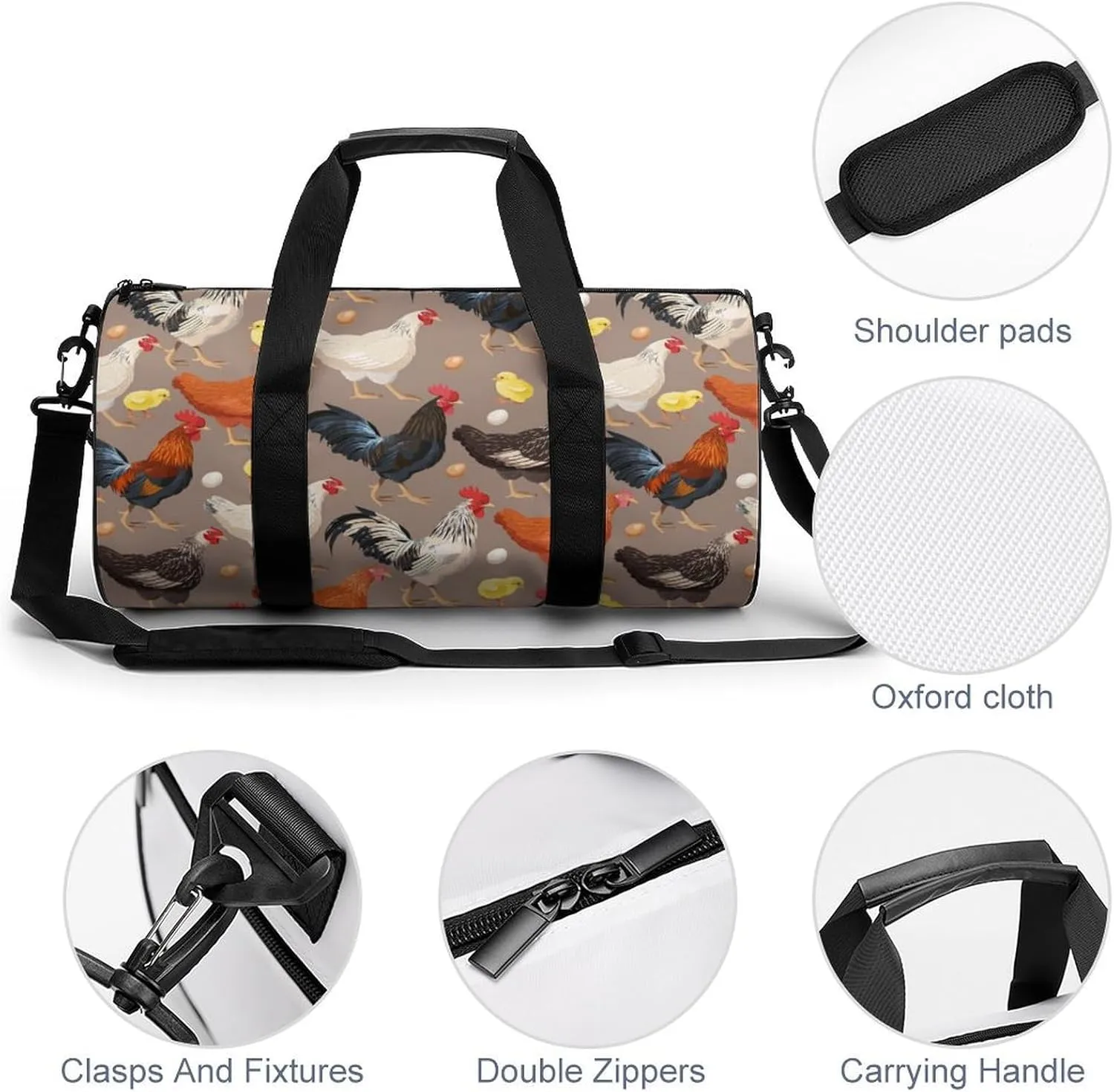 Roosters Duffelbag Outdoor Tote Bag Cylindrical Duffelbags Picnic Bags Easy Carry Satchels Durable Handbag Overnighter Duffles 17.7in/9in/9in