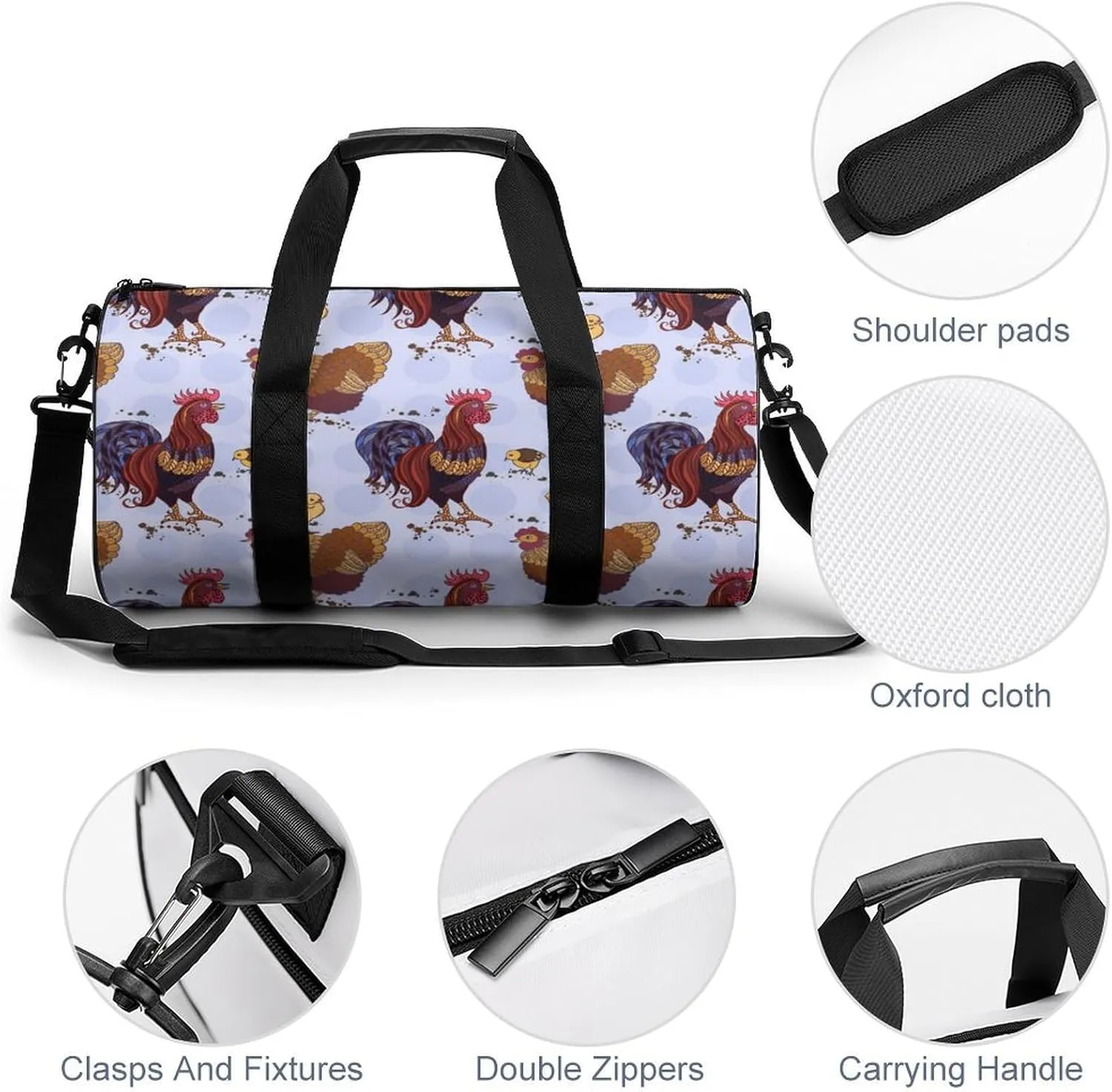Roosters Duffelbag Outdoor Tote Bag Cylindrical Duffelbags Picnic Bags Easy Carry Satchels Durable Handbag Sports Duffel Bags 17.7in/9in/9in