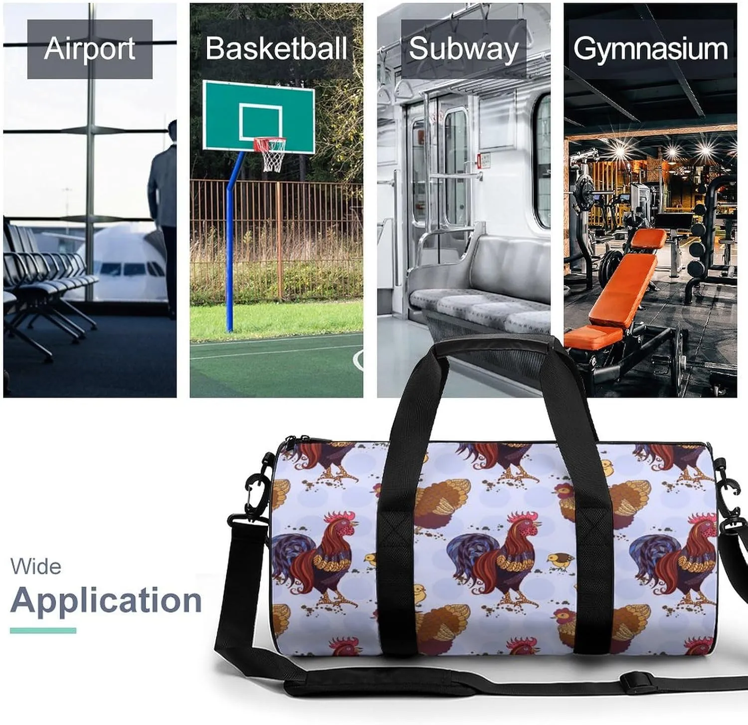 Roosters Duffelbag Outdoor Tote Bag Cylindrical Duffelbags Picnic Bags Easy Carry Satchels Durable Handbag Sports Duffel Bags 17.7in/9in/9in