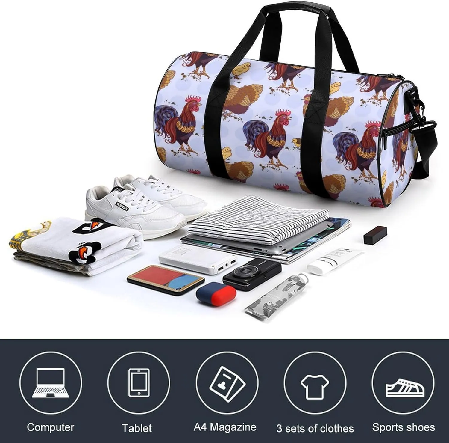 Roosters Duffelbag Outdoor Tote Bag Cylindrical Duffelbags Picnic Bags Easy Carry Satchels Durable Handbag Sports Duffel Bags 17.7in/9in/9in