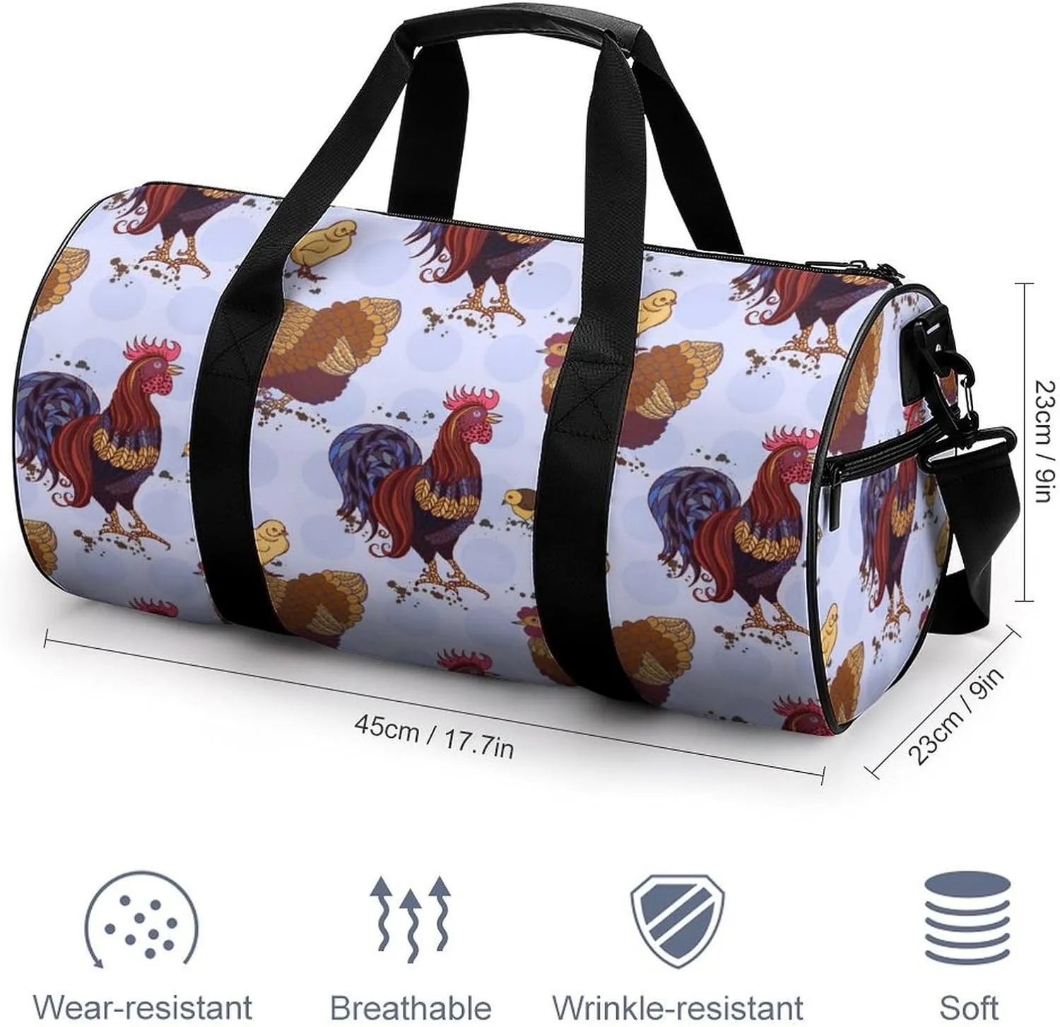 Roosters Duffelbag Outdoor Tote Bag Cylindrical Duffelbags Picnic Bags Easy Carry Satchels Durable Handbag Sports Duffel Bags 17.7in/9in/9in