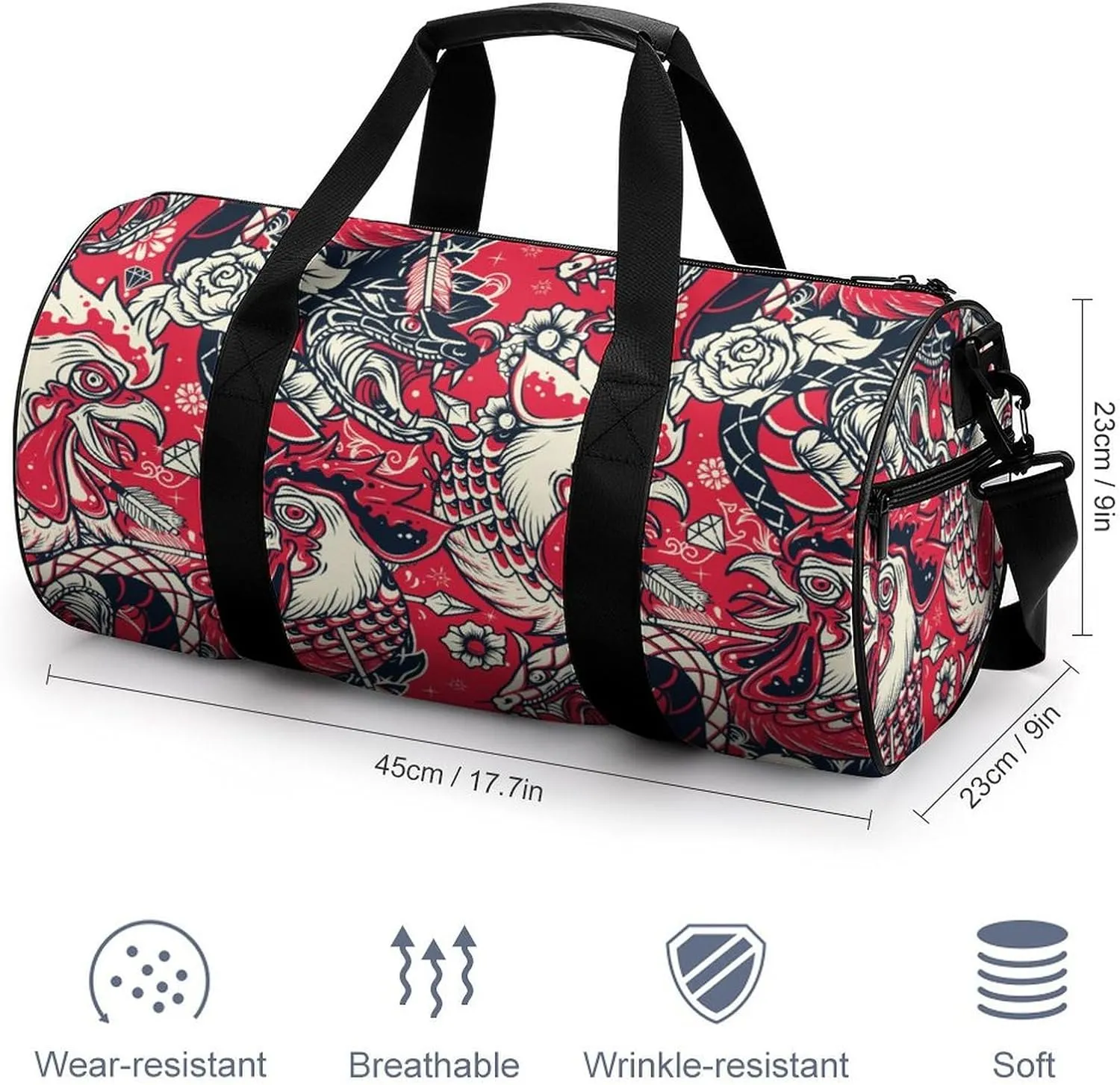 Roosters Duffelbag Utility Bag Cylindrical Duffelbags Picnic Bags Easy Carry Satchels Durable Handbag Sports Duffel Bags 17.7in/9in/9in
