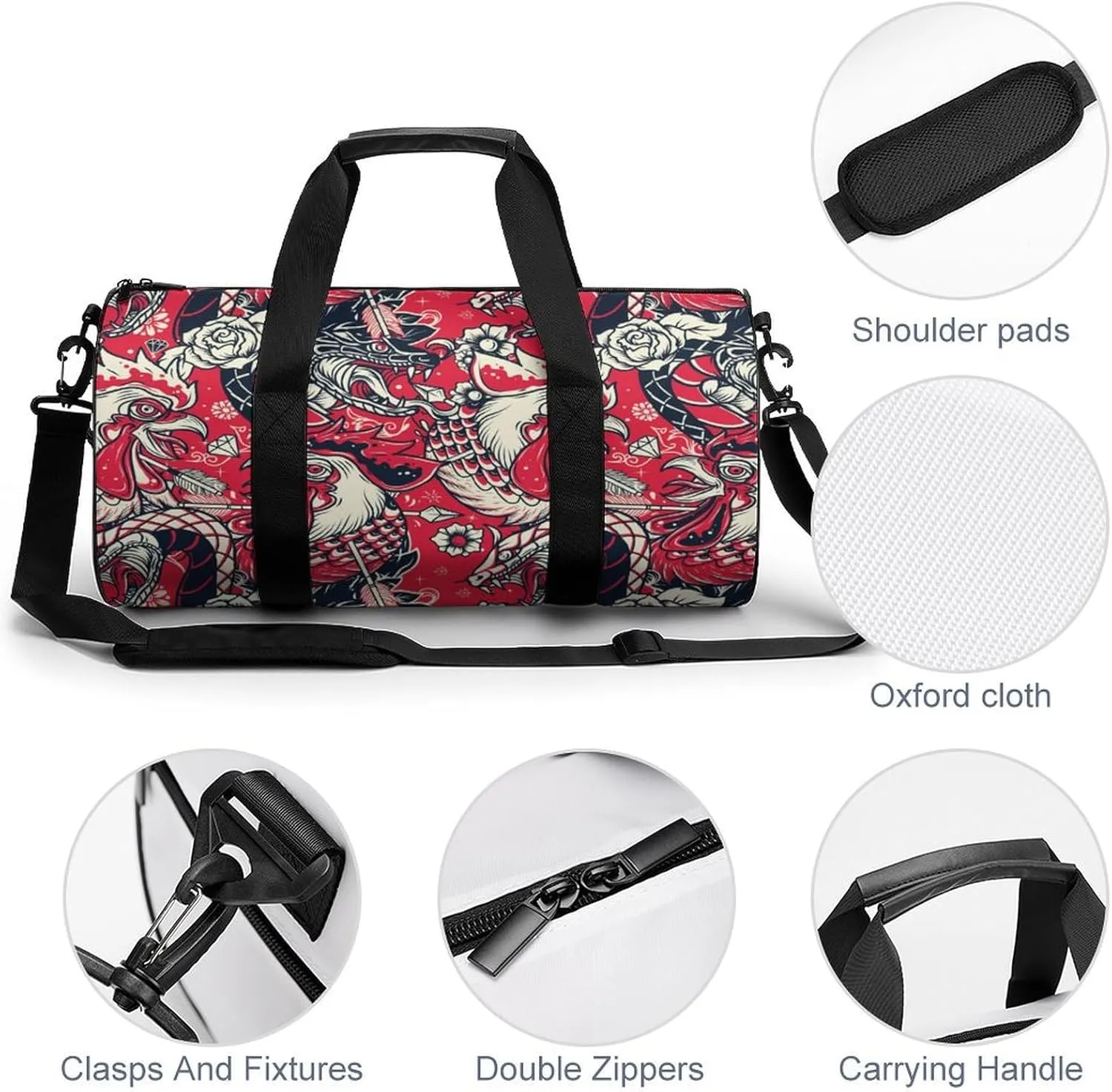 Roosters Duffelbag Utility Bag Cylindrical Duffelbags Picnic Bags Easy Carry Satchels Durable Handbag Sports Duffel Bags 17.7in/9in/9in