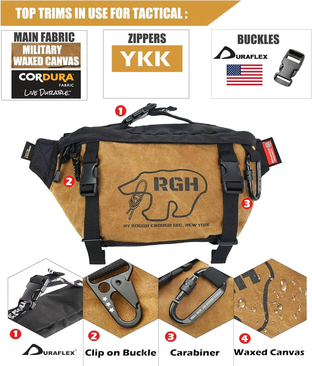Rough Enough Tactical Fanny Pack Crossbody Large Waist Bag for Men Fishing Hiking Travel in Waxed Canvas Brown Khaki, 4L