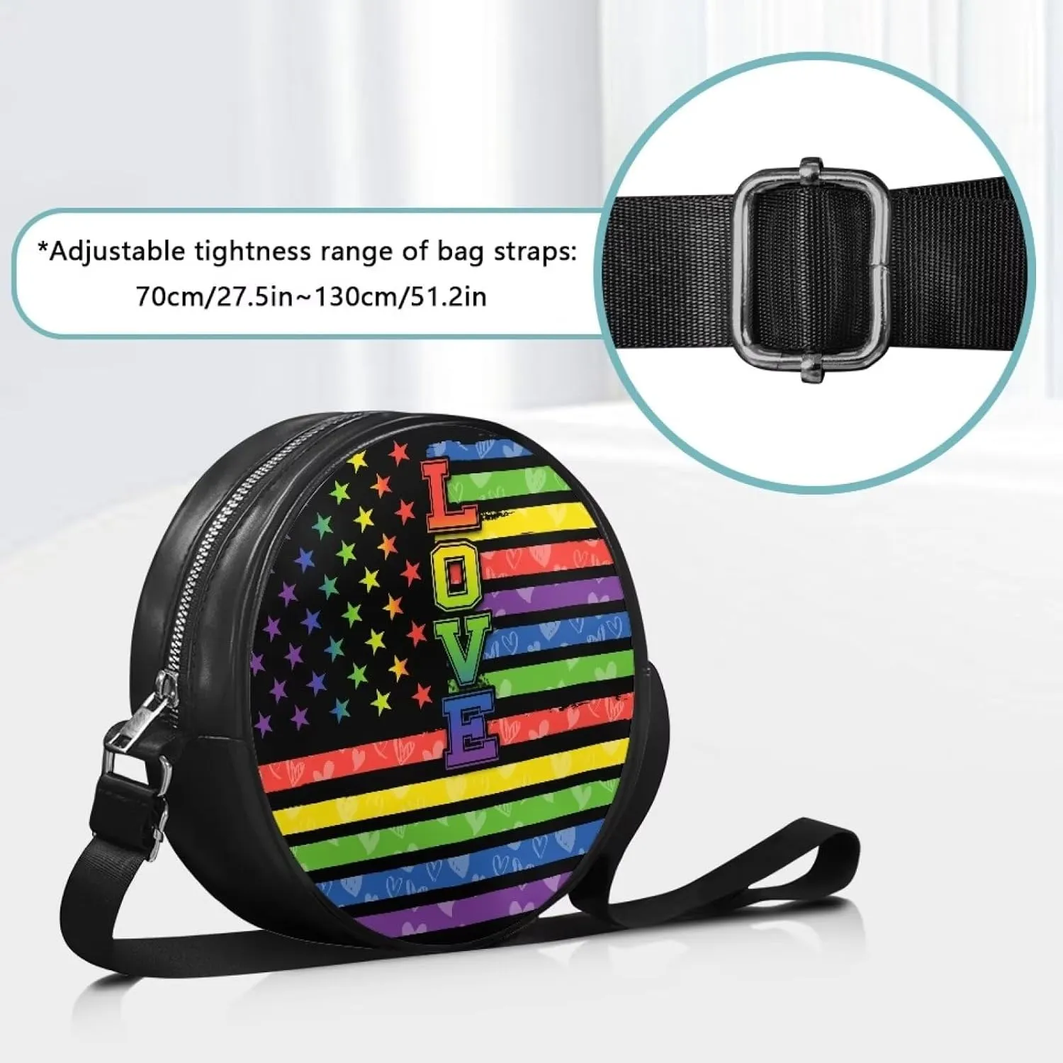 Round Crossbody Bags for Women, Leather Circle Purse Zipper Small Shoulder Bag with Adjustable Straps