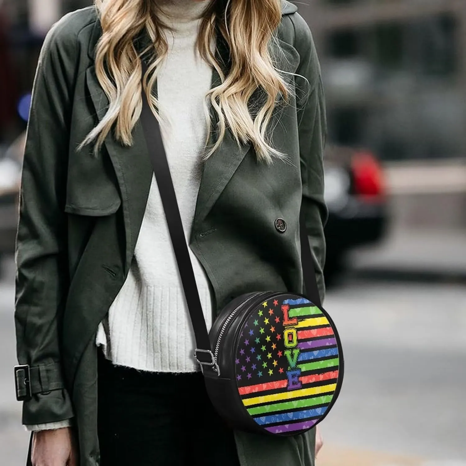 Round Crossbody Bags for Women, Leather Circle Purse Zipper Small Shoulder Bag with Adjustable Straps