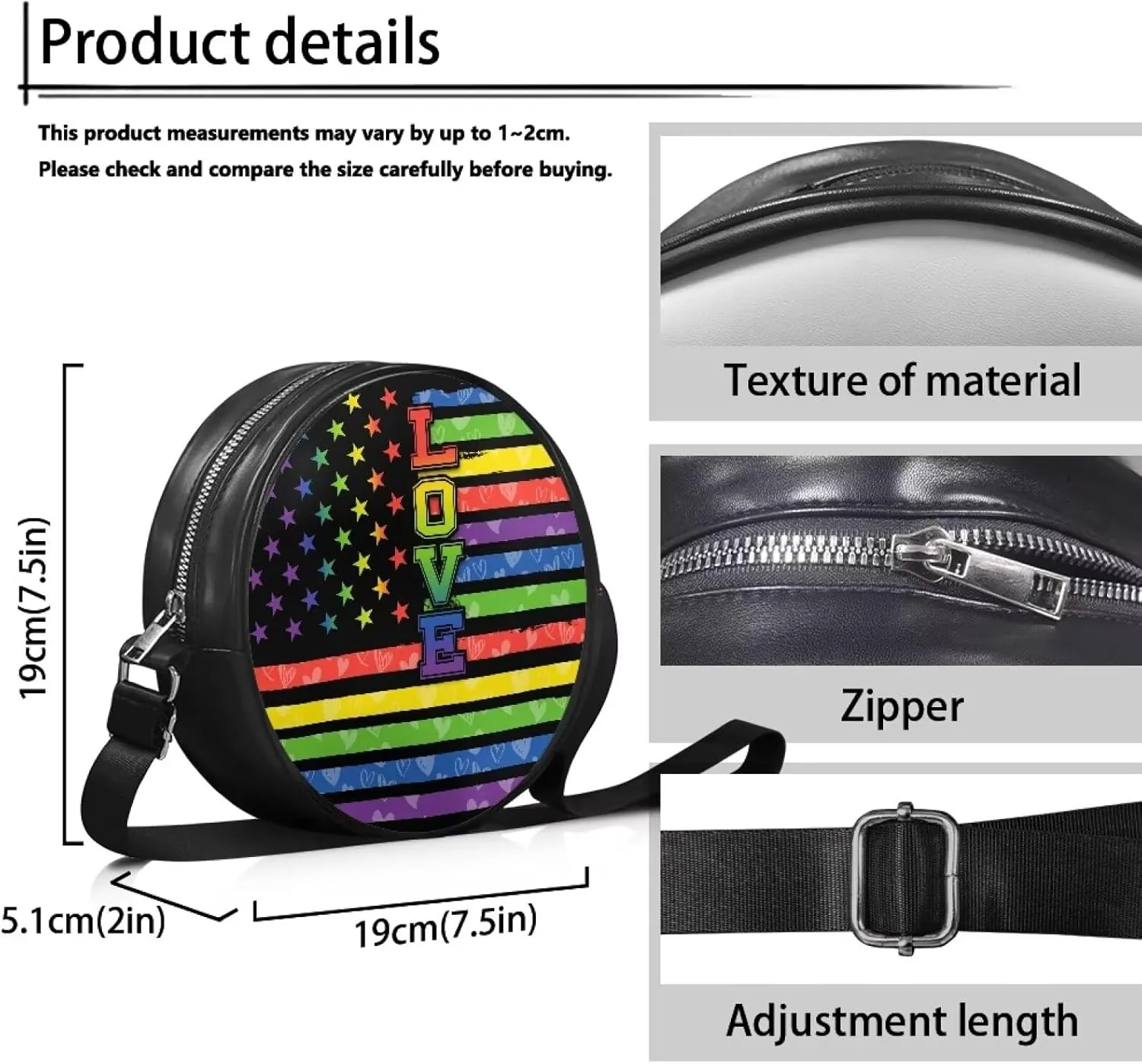 Round Crossbody Bags for Women, Leather Circle Purse Zipper Small Shoulder Bag with Adjustable Straps