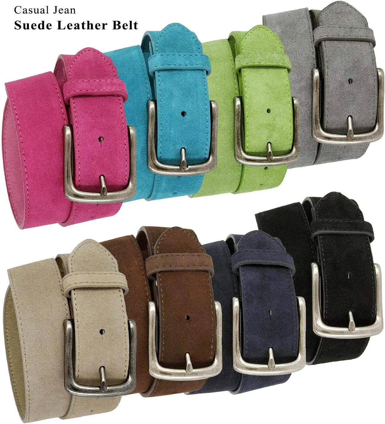 Rounded Edge Buckle & Antique Gold Oval Buckle Casual Jean Suede Leather Belt 1-1/2"(38mm) Wide