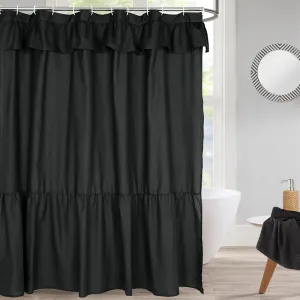 Ruffled Farmhouse Shower Curtain,Black Fabric,Country and Chic Style,72x72 in