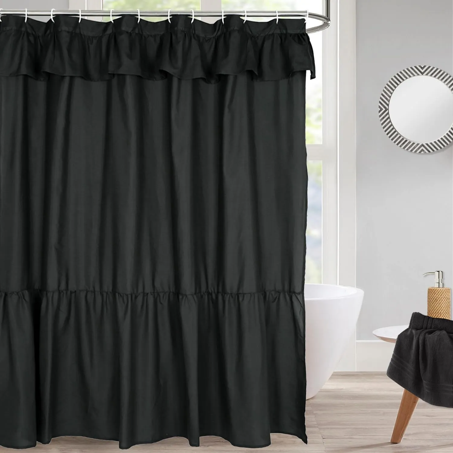 Ruffled Farmhouse Shower Curtain,Black Fabric,Country and Chic Style,72x72 in