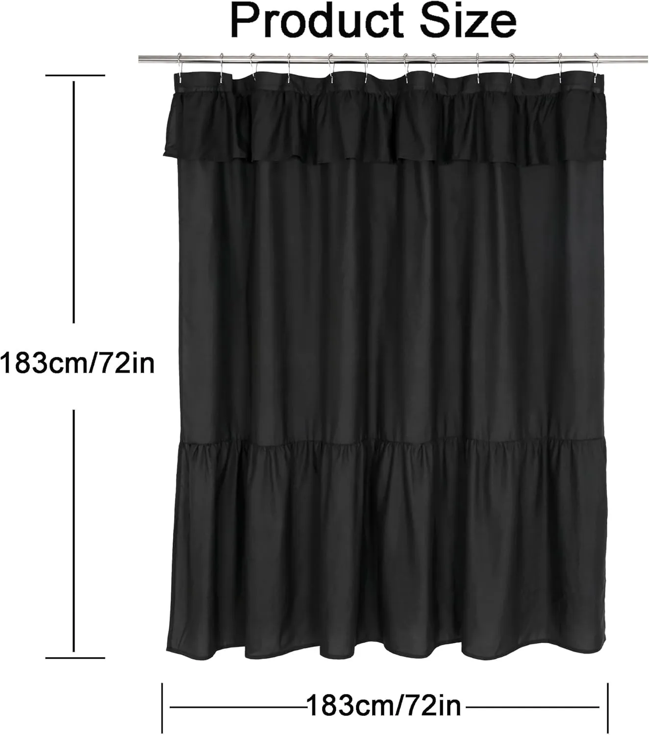 Ruffled Farmhouse Shower Curtain,Black Fabric,Country and Chic Style,72x72 in