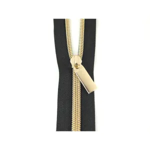 Sallie Tomato Zipper - 3 Yds with 9 Pulls - Black Tape/Gold