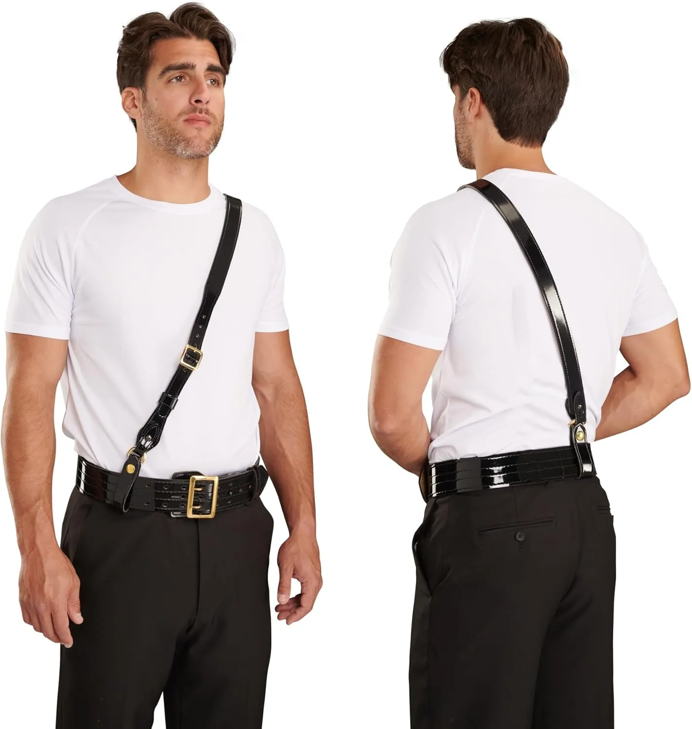 Sam Browne Shoulder Strap 1 1/4 inch Leather Cross Strap Includes 2 D-Rings that Connect to Duty Belt