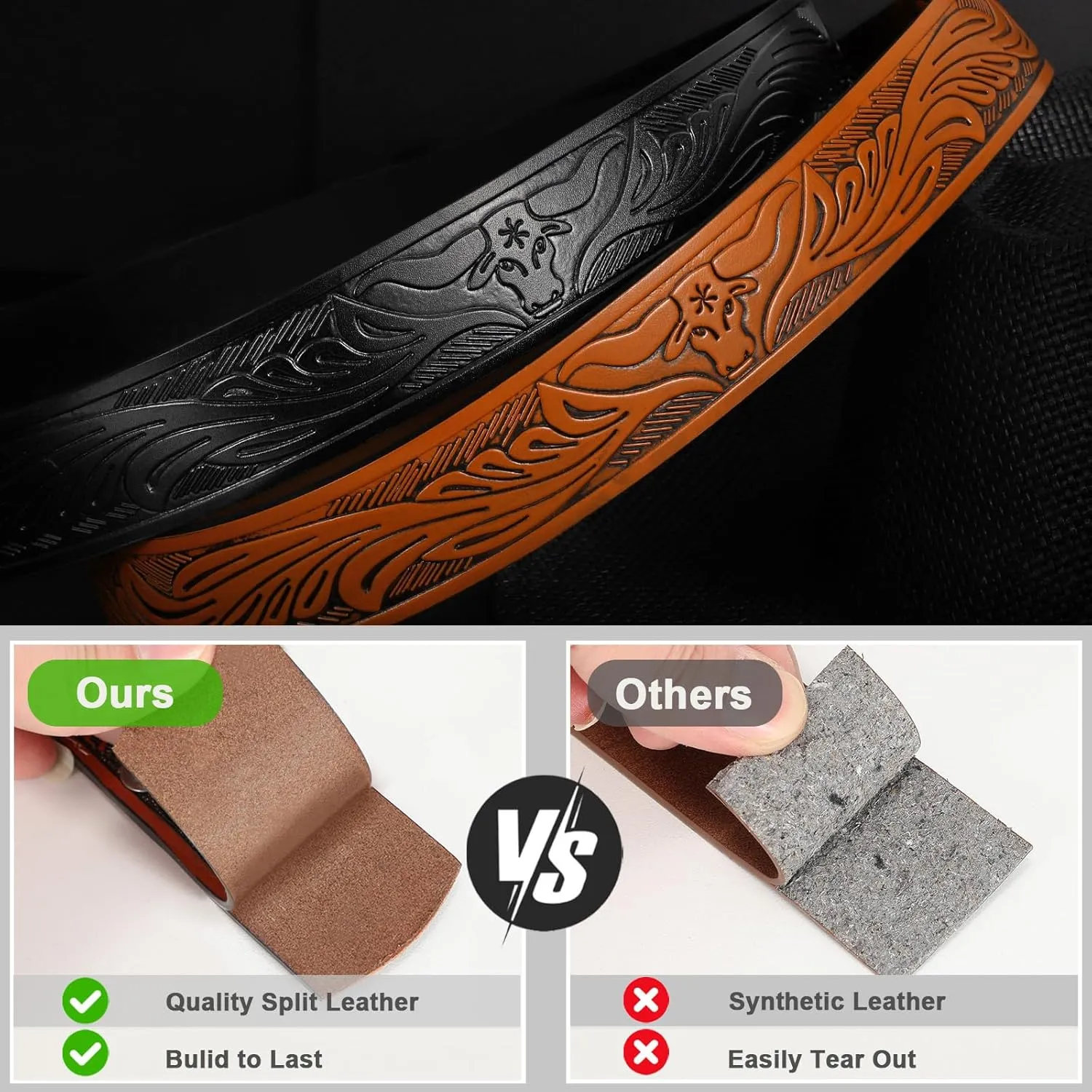 SANSTHS 2 Pack Western Belts for Men without Buckle, Cowboy Belt for Buckle Western Leather Belt Straps for Jeans