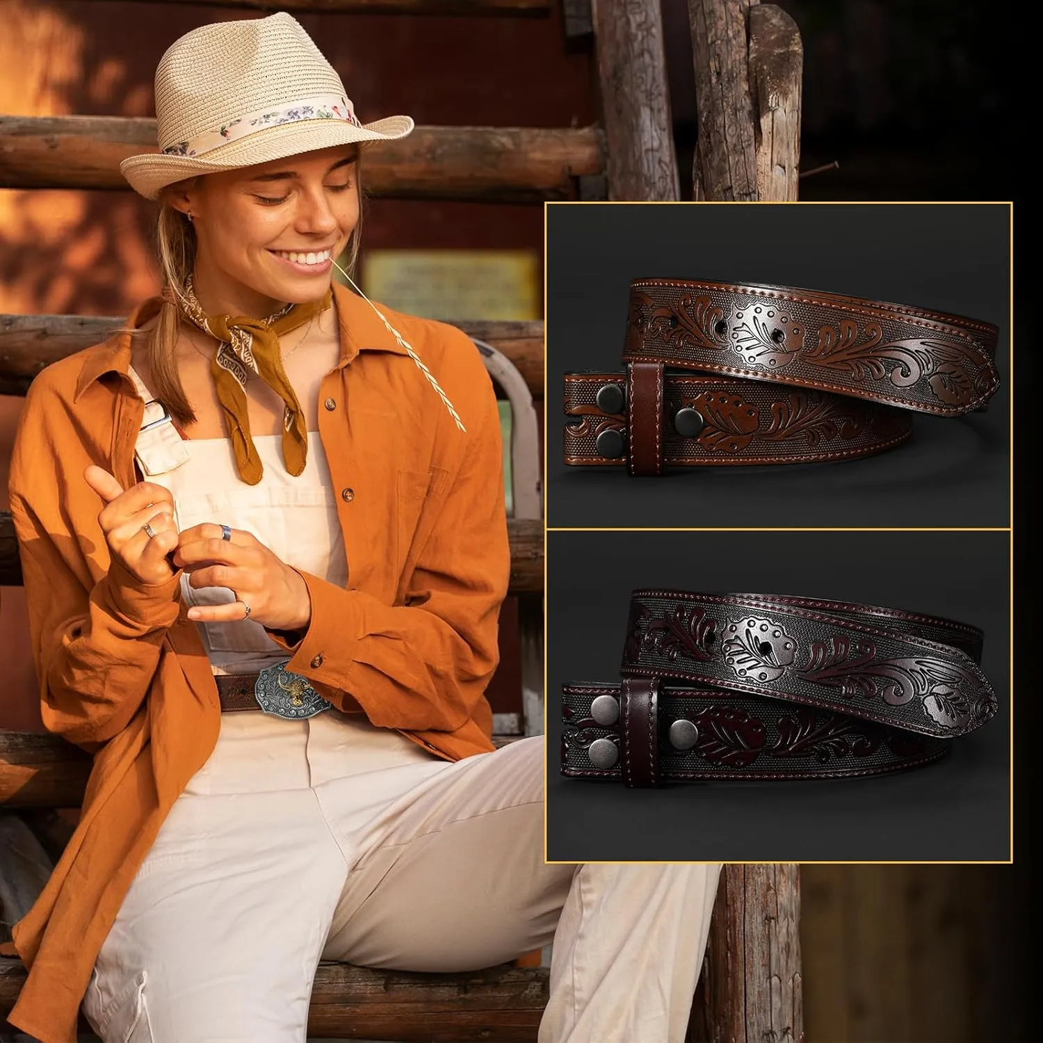 SANSTHS 2 Pack Western Belts for Men without Buckle, Cowboy Belt for Buckle Western Leather Belt Straps for Jeans