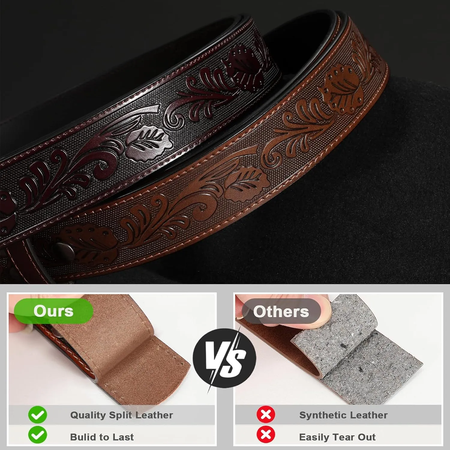 SANSTHS 2 Pack Western Belts for Men without Buckle, Cowboy Belt for Buckle Western Leather Belt Straps for Jeans