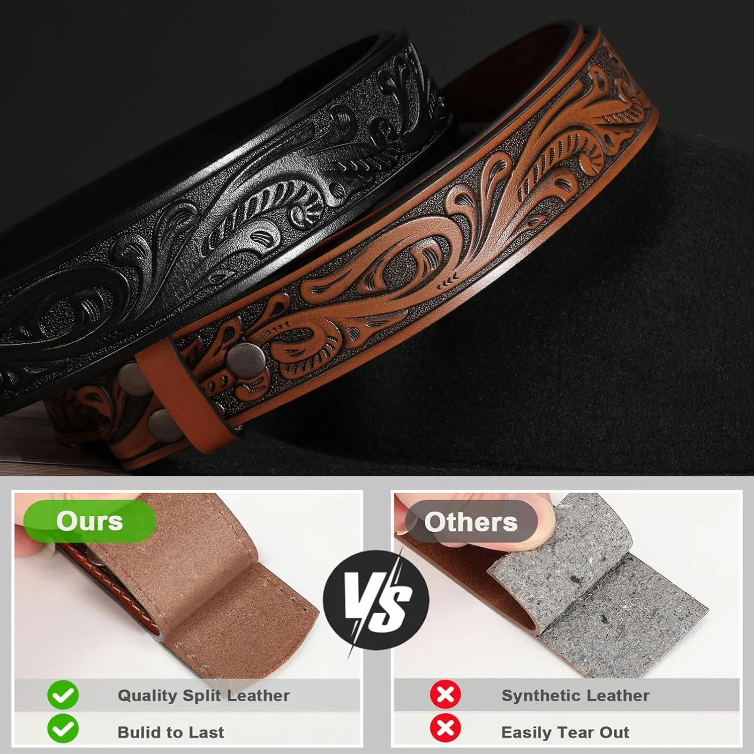 SANSTHS 2 Pack Western Belts for Men without Buckle, Cowboy Belt for Buckle Western Leather Belt Straps for Jeans