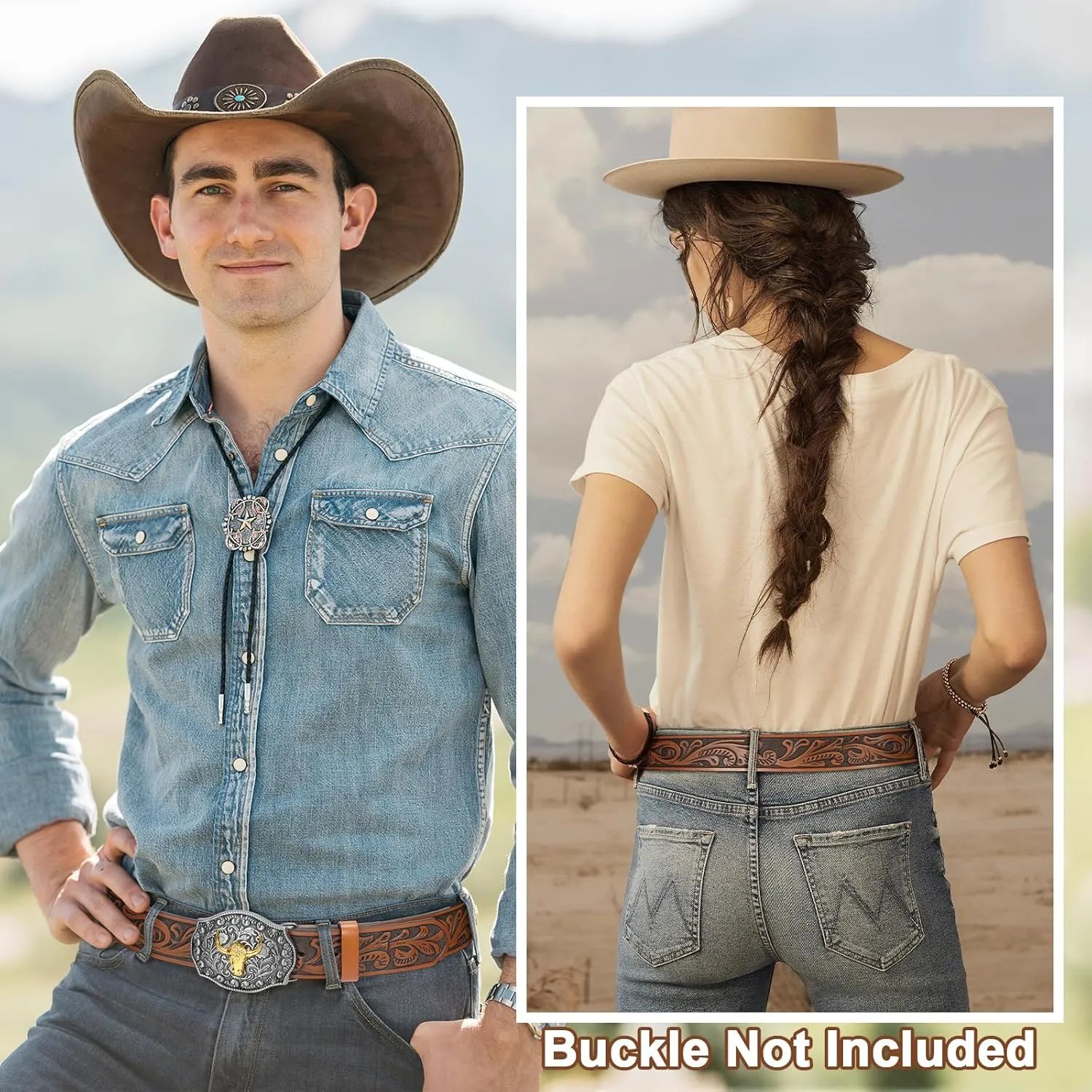 SANSTHS 2 Pack Western Belts for Men without Buckle, Cowboy Belt for Buckle Western Leather Belt Straps for Jeans