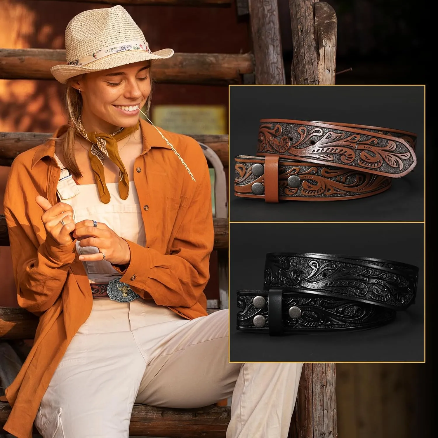 SANSTHS 2 Pack Western Belts for Men without Buckle, Cowboy Belt for Buckle Western Leather Belt Straps for Jeans