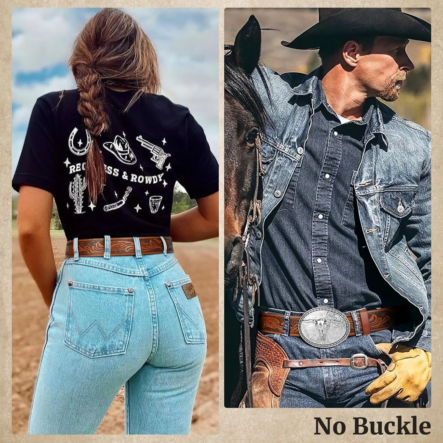 SANSTHS 3 Pack Western Belts for Men Woman without Buckle, Cowgirl Cowboy Belt for Buckle Western Leather Belt for Jeans