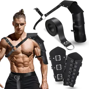 Sanwuta 4 Pcs Halloween Leather Single Shoulder Armor Faux Leather Arm Guards Medieval Viking Knight Belt Costume for Adults Cosplay(Brief) Black
