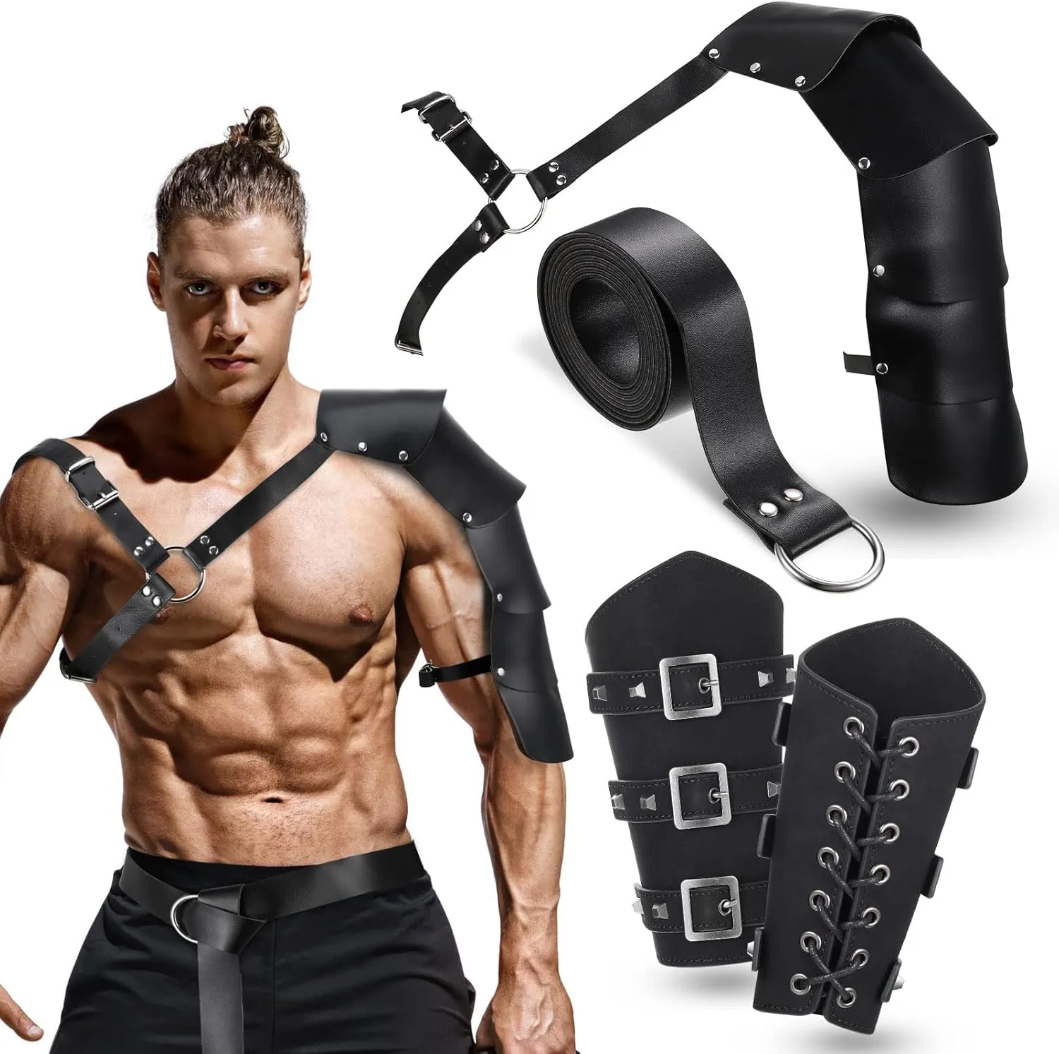 Sanwuta 4 Pcs Halloween Leather Single Shoulder Armor Faux Leather Arm Guards Medieval Viking Knight Belt Costume for Adults Cosplay(Brief) Black