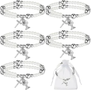 Sasylvia 6 Sets First Communion Rosary Bracelet Bulk Baptism Gifts for Women Religious Pearl Beads Bracelet with Cross and Mesh Bag for Catholic Christening Wedding Favors