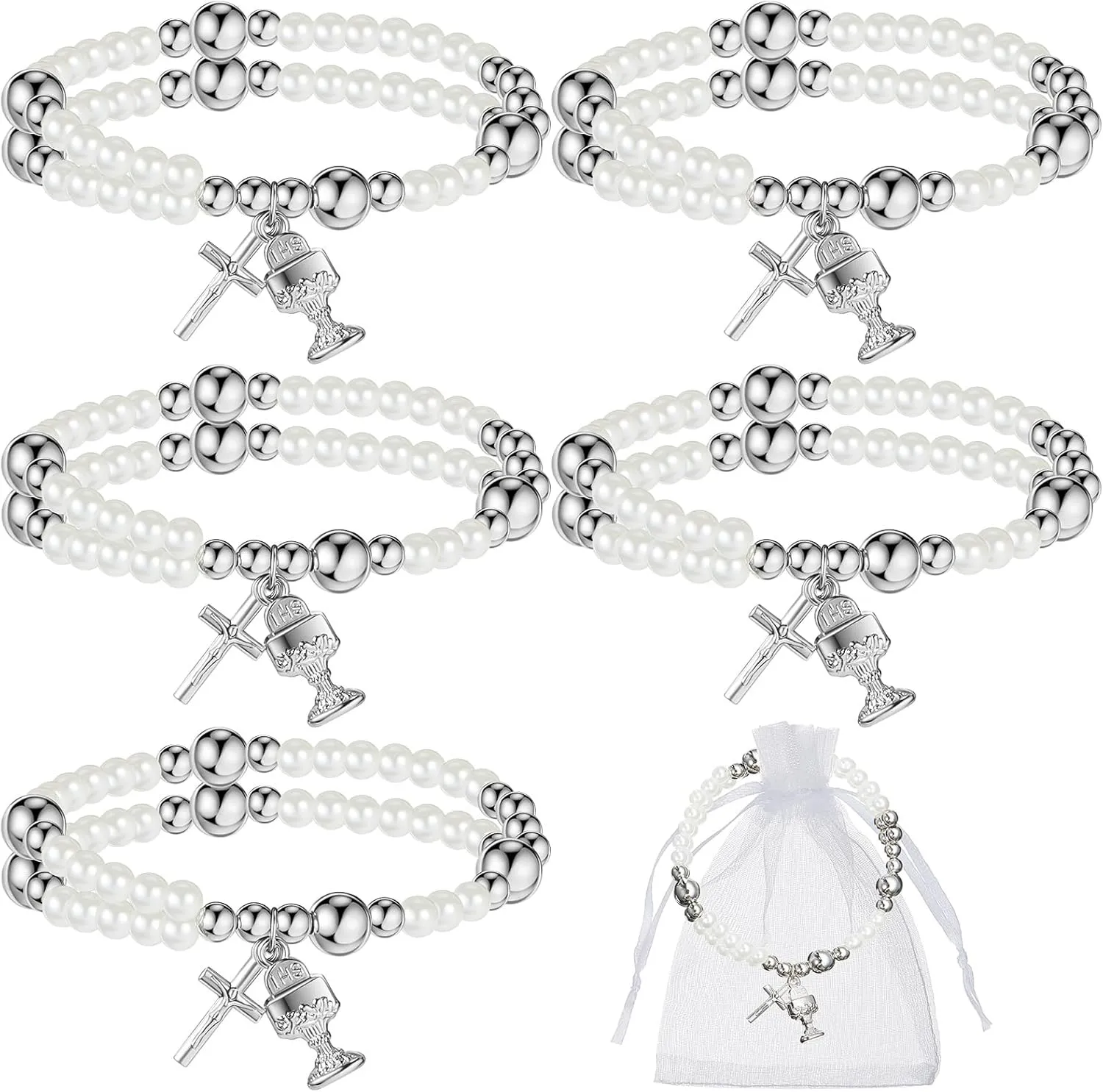 Sasylvia 6 Sets First Communion Rosary Bracelet Bulk Baptism Gifts for Women Religious Pearl Beads Bracelet with Cross and Mesh Bag for Catholic Christening Wedding Favors