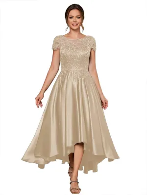 Satin Mother of The Bride Dresses for Women Appliques High-Low Formal Evening Gowns with Short Sleeves