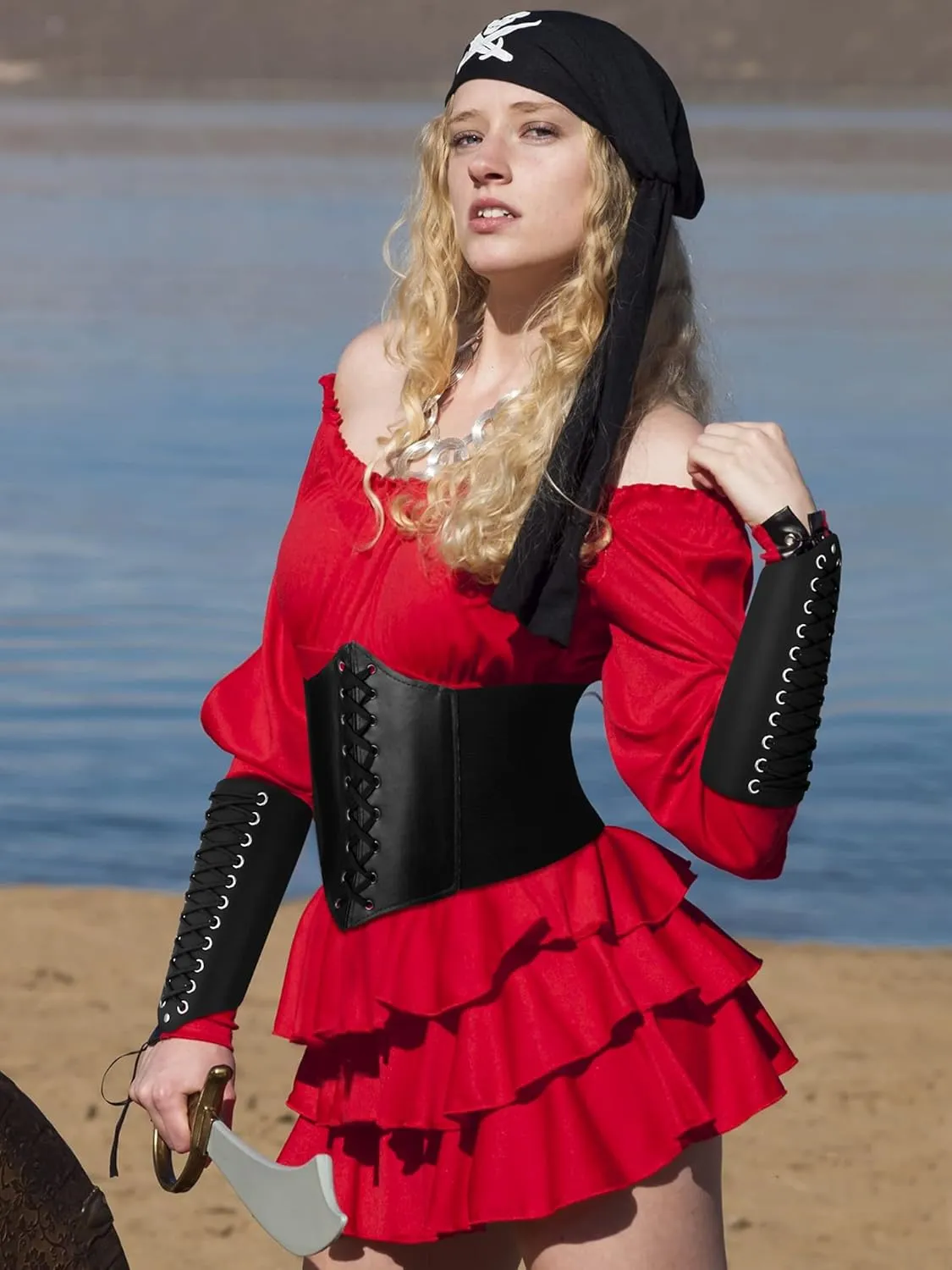 SATINIOR 3 Pieces Women Renaissance Corset Belts with Leather Gauntlets Stretch Elastic Belt for Halloween Women Costume