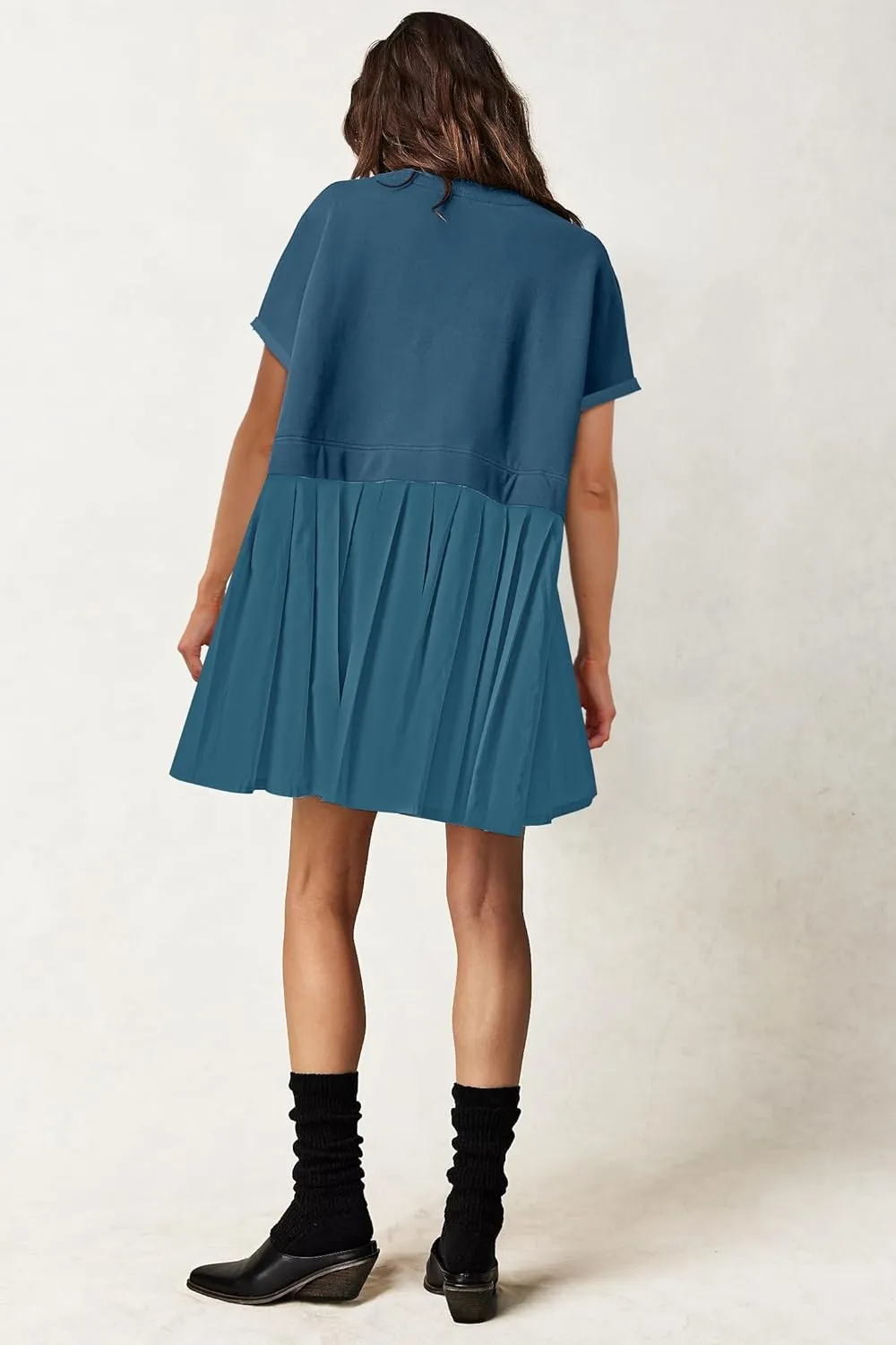 SAUKOLE Womens Summer Crew Neck Short Sleeve Dress Patchwork Pleated A Line Beach Boho Mini Dress