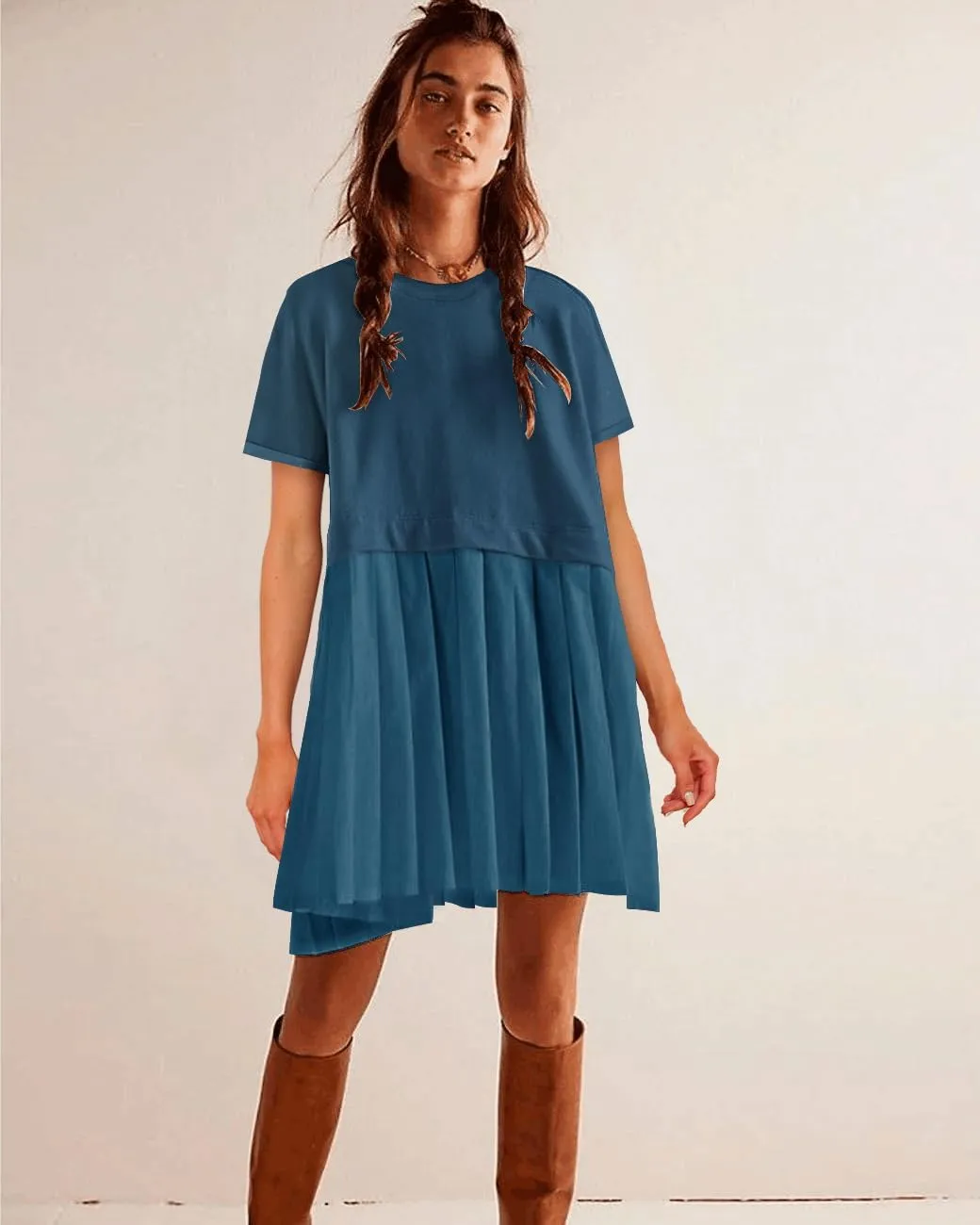 SAUKOLE Womens Summer Crew Neck Short Sleeve Dress Patchwork Pleated A Line Beach Boho Mini Dress