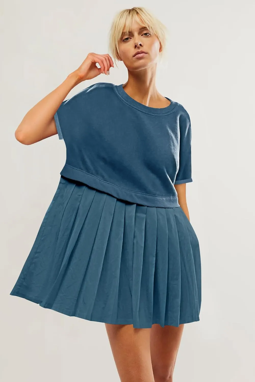 SAUKOLE Womens Summer Crew Neck Short Sleeve Dress Patchwork Pleated A Line Beach Boho Mini Dress
