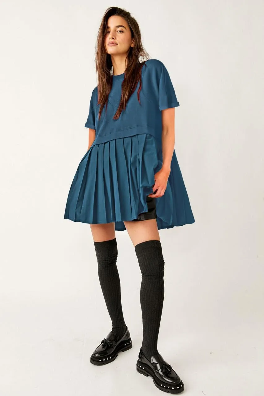 SAUKOLE Womens Summer Crew Neck Short Sleeve Dress Patchwork Pleated A Line Beach Boho Mini Dress