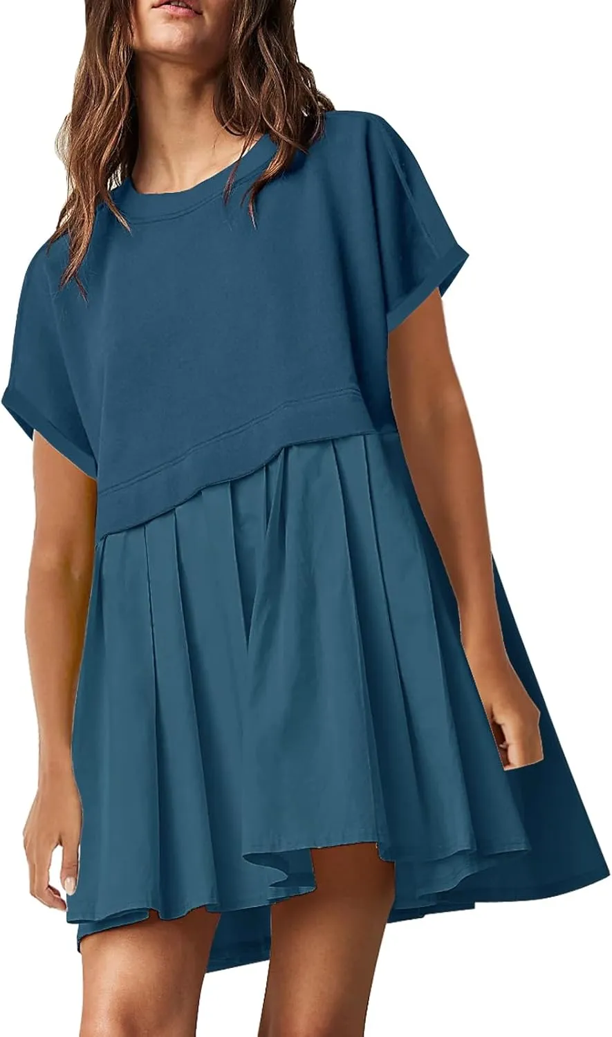 SAUKOLE Womens Summer Crew Neck Short Sleeve Dress Patchwork Pleated A Line Beach Boho Mini Dress