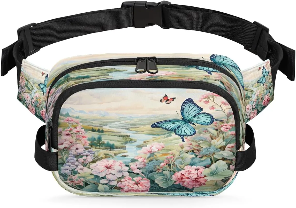 Scenic River Flower Fanny Packs for Women Men Waterproof Crossbody Belt Bag Casual Chest Bag Fashion Waist Bags with Adjustable Strap for Travel Running Hiking Fishing