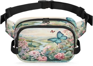 Scenic River Flower Fanny Packs for Women Men Waterproof Crossbody Belt Bag Casual Chest Bag Fashion Waist Bags with Adjustable Strap for Travel Running Hiking Fishing